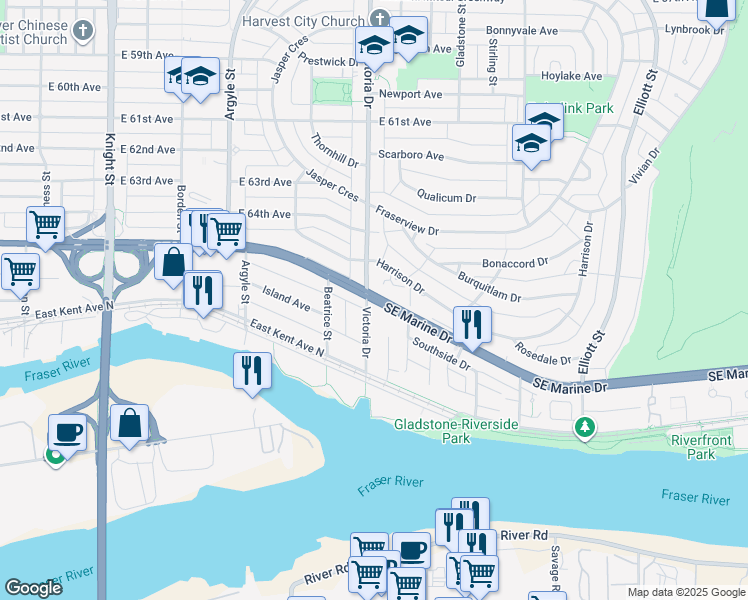 map of restaurants, bars, coffee shops, grocery stores, and more near Southeast Marine Drive in Vancouver