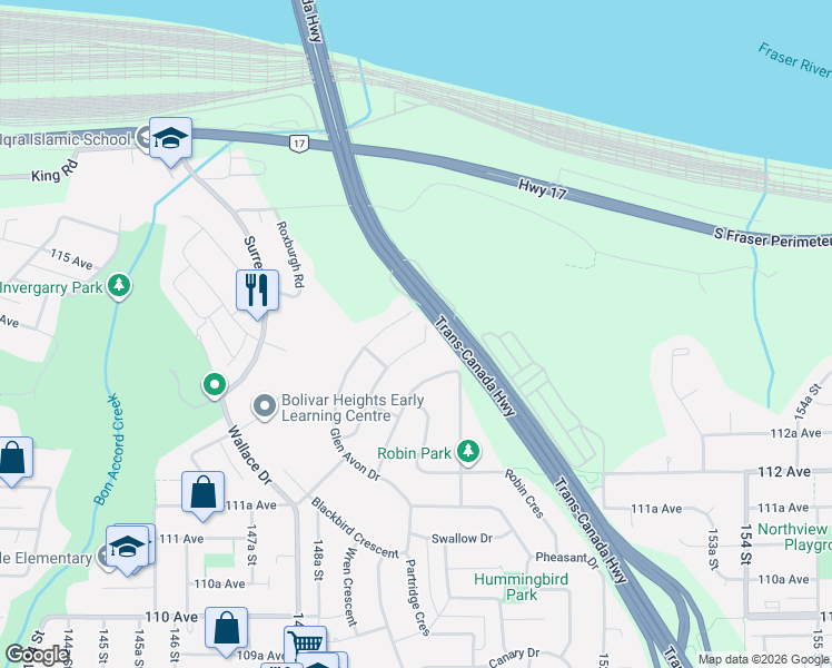 map of restaurants, bars, coffee shops, grocery stores, and more near 11411 Loughren Drive in Surrey