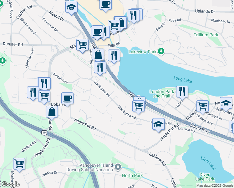 map of restaurants, bars, coffee shops, grocery stores, and more near 4474 Wellington Road in Nanaimo