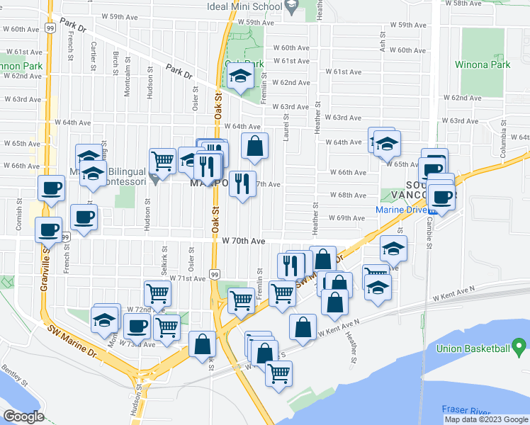map of restaurants, bars, coffee shops, grocery stores, and more near 8454 Fremlin Street in Vancouver