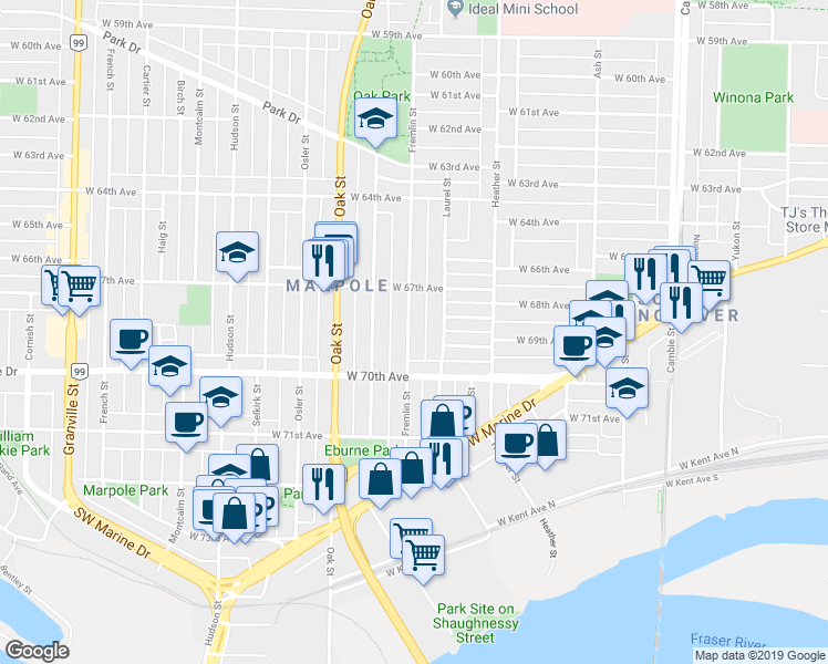 map of restaurants, bars, coffee shops, grocery stores, and more near 8454 Fremlin Street in Vancouver