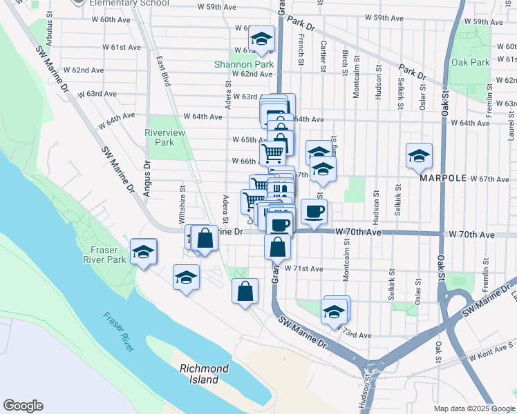 map of restaurants, bars, coffee shops, grocery stores, and more near 8488 Cornish Street in Vancouver