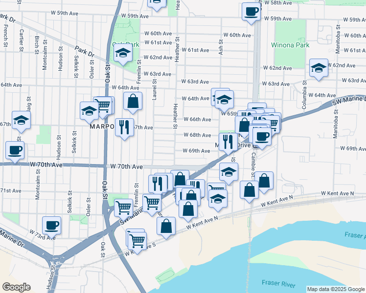 map of restaurants, bars, coffee shops, grocery stores, and more near 779 West 69th Avenue in Vancouver