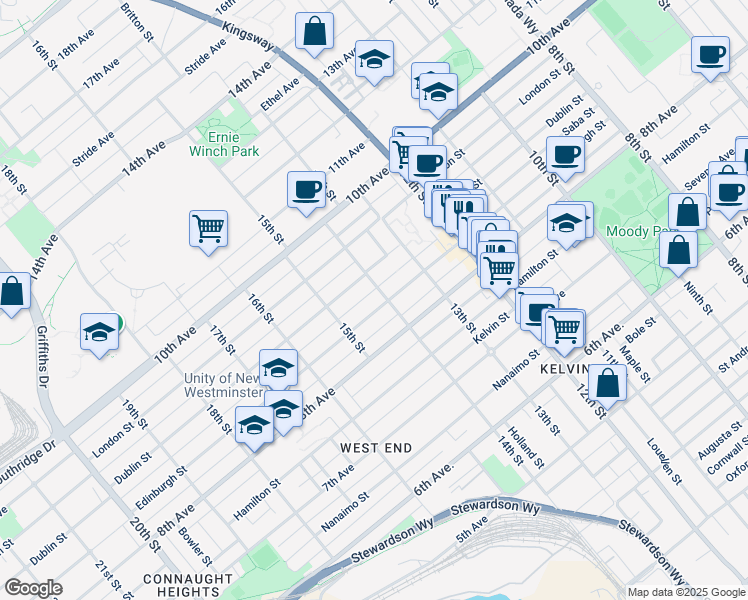 map of restaurants, bars, coffee shops, grocery stores, and more near 1405 Edinburgh Street in New Westminster