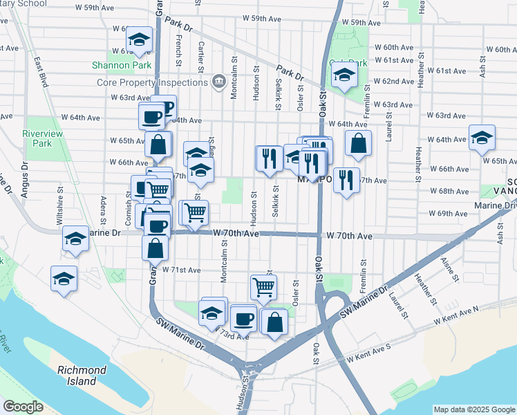 map of restaurants, bars, coffee shops, grocery stores, and more near 8468 Hudson Street in Vancouver