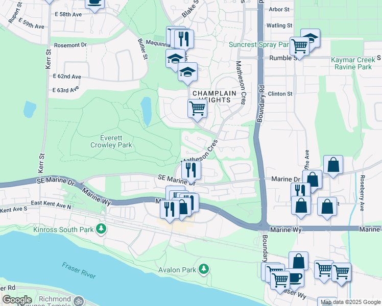 map of restaurants, bars, coffee shops, grocery stores, and more near 3418 Weymoor Place in Vancouver