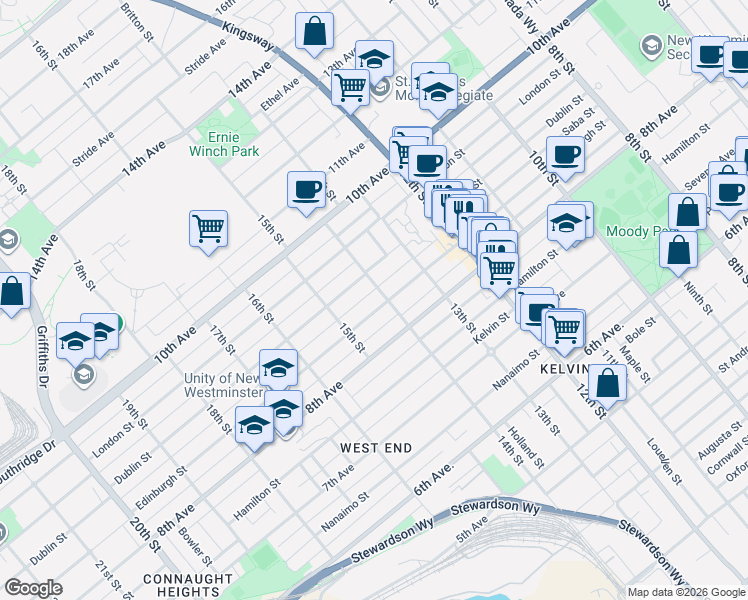map of restaurants, bars, coffee shops, grocery stores, and more near 1405 Edinburgh Street in New Westminster