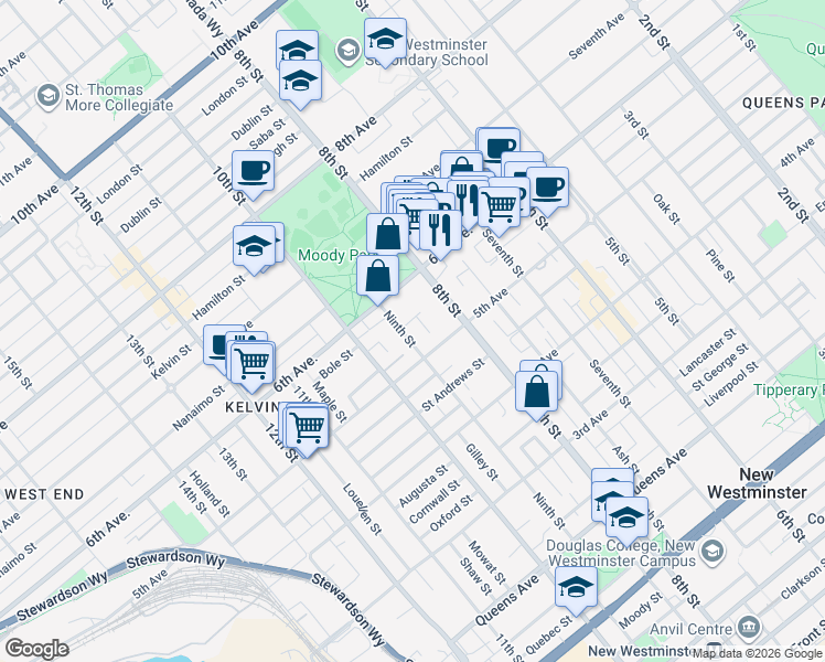 map of restaurants, bars, coffee shops, grocery stores, and more near 515 Ninth Street in New Westminster