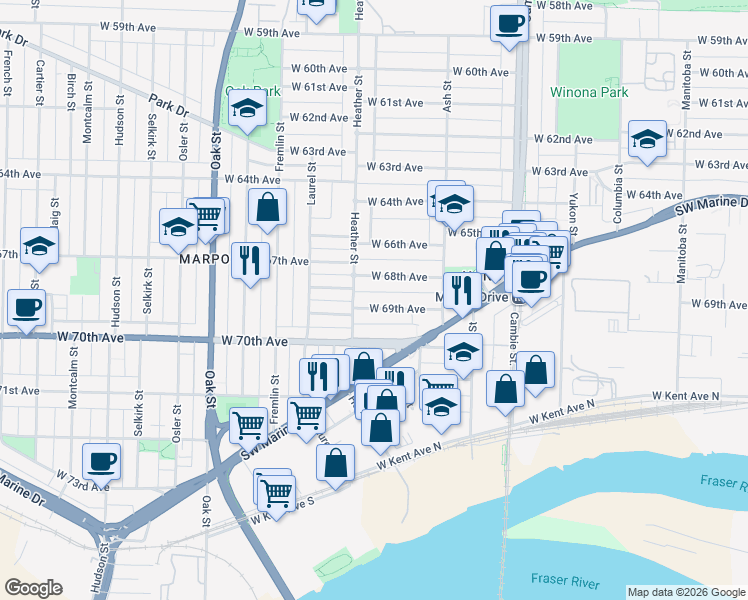 map of restaurants, bars, coffee shops, grocery stores, and more near 773 West 69th Avenue in Vancouver