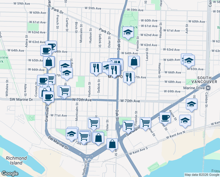 map of restaurants, bars, coffee shops, grocery stores, and more near 8468 Osler Street in Vancouver