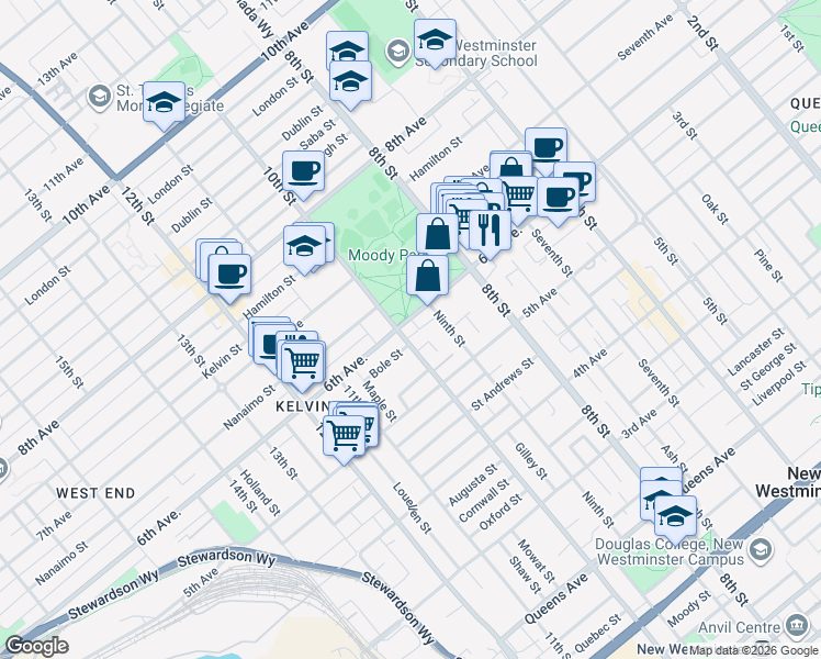 map of restaurants, bars, coffee shops, grocery stores, and more near 529 10th Street in New Westminster