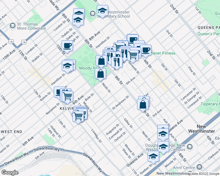 map of restaurants, bars, coffee shops, grocery stores, and more near in New Westminster