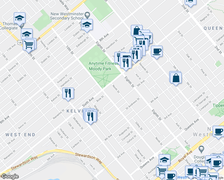 map of restaurants, bars, coffee shops, grocery stores, and more near in New Westminster