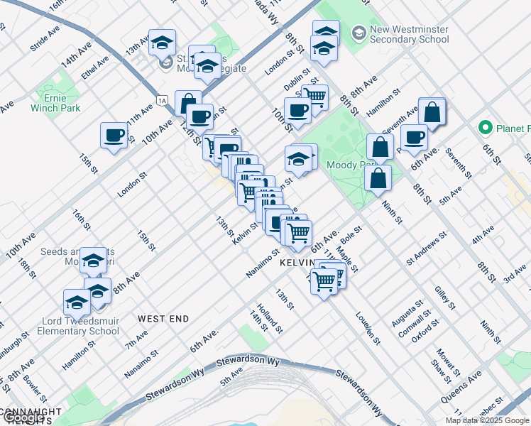 map of restaurants, bars, coffee shops, grocery stores, and more near 700 12th Street in New Westminster