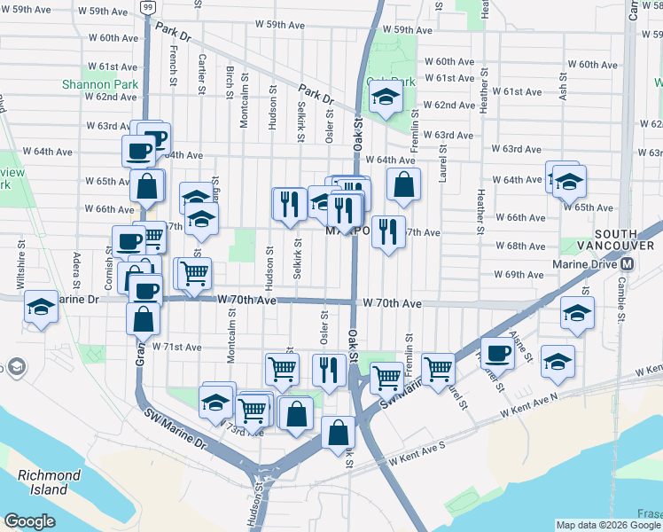 map of restaurants, bars, coffee shops, grocery stores, and more near 8468 Osler Street in Vancouver
