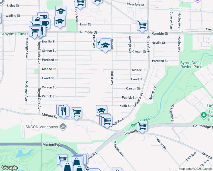map of restaurants, bars, coffee shops, grocery stores, and more near 5843 Carson Street in Burnaby