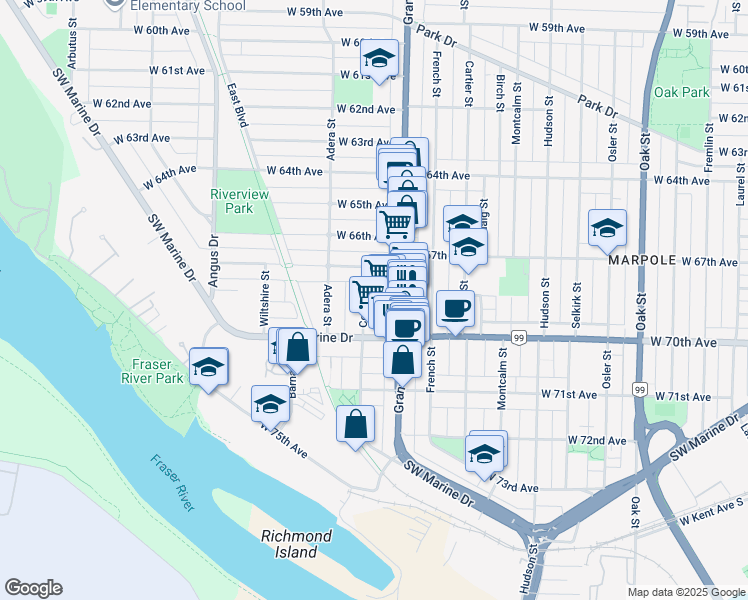 map of restaurants, bars, coffee shops, grocery stores, and more near 8488 Cornish Street in Vancouver