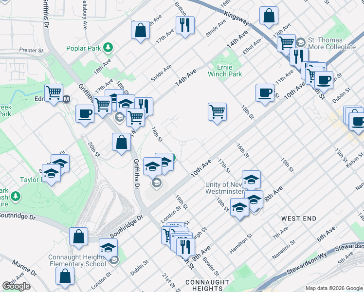 map of restaurants, bars, coffee shops, grocery stores, and more near 7683 Park Crescent in Burnaby
