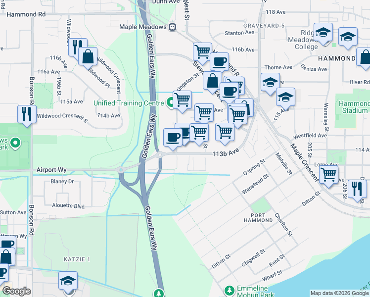 map of restaurants, bars, coffee shops, grocery stores, and more near 20119 113B Avenue in Maple Ridge