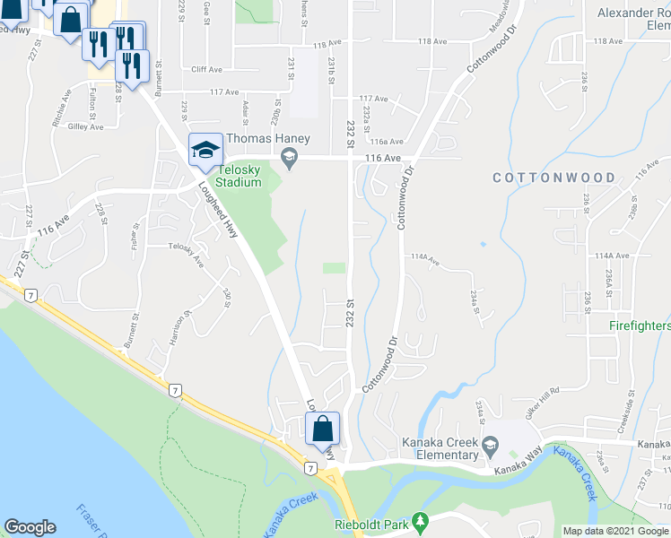 map of restaurants, bars, coffee shops, grocery stores, and more near 11445 232 Street in Maple Ridge