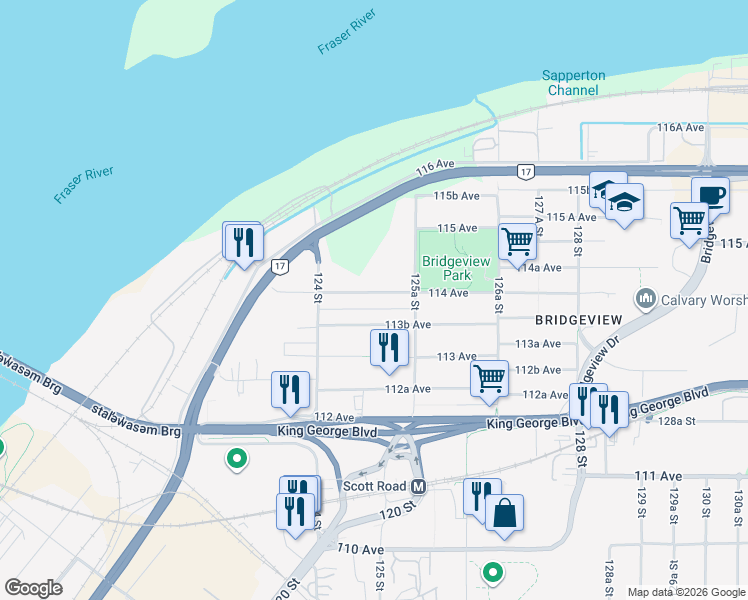 map of restaurants, bars, coffee shops, grocery stores, and more near 12490 114 Avenue in Surrey