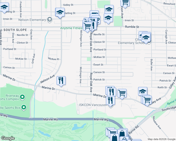 map of restaurants, bars, coffee shops, grocery stores, and more near 5177 Carson Street in Burnaby
