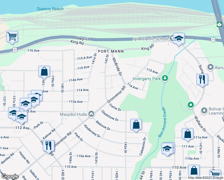 map of restaurants, bars, coffee shops, grocery stores, and more near 14220 114 Avenue in Surrey