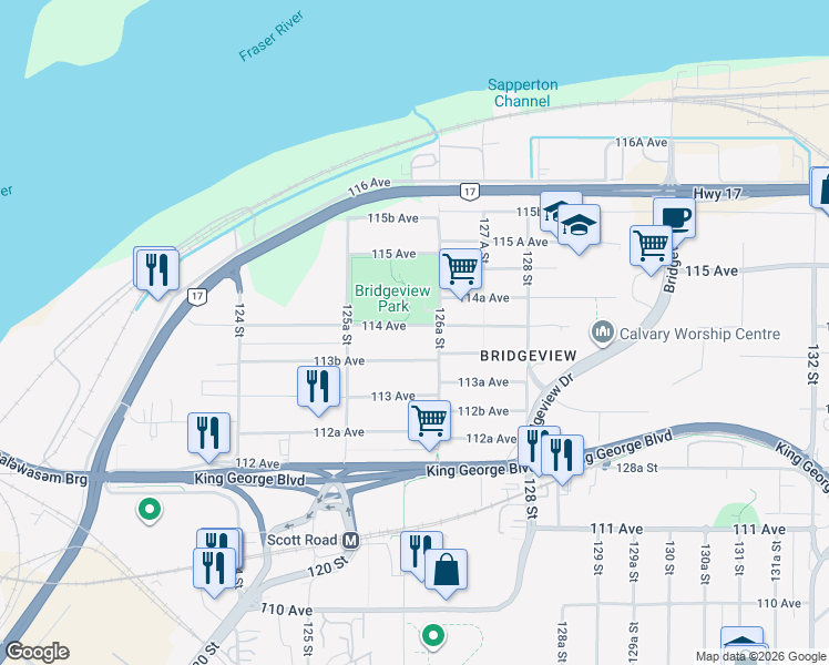 map of restaurants, bars, coffee shops, grocery stores, and more near 12646 114 Avenue in Surrey