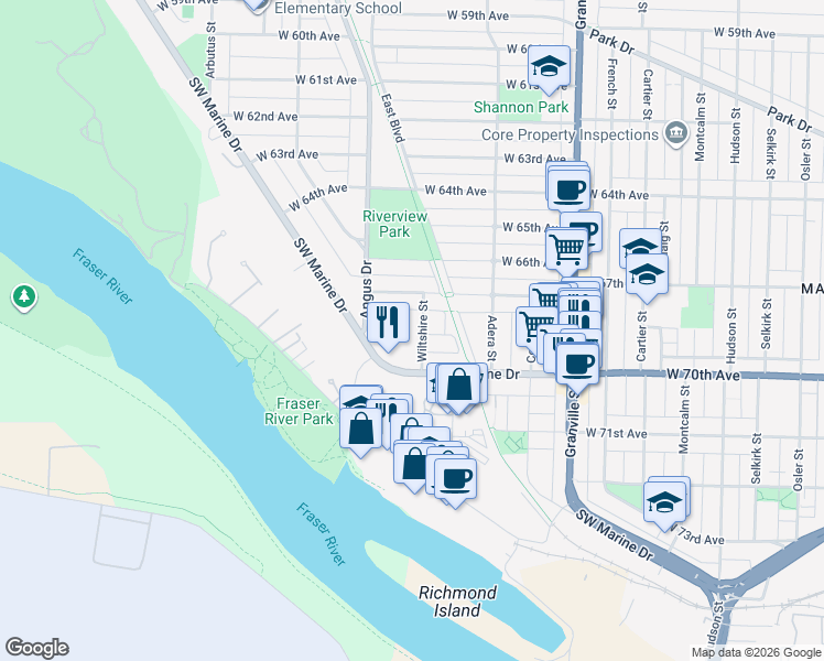 map of restaurants, bars, coffee shops, grocery stores, and more near 8483 Wiltshire Street in Vancouver