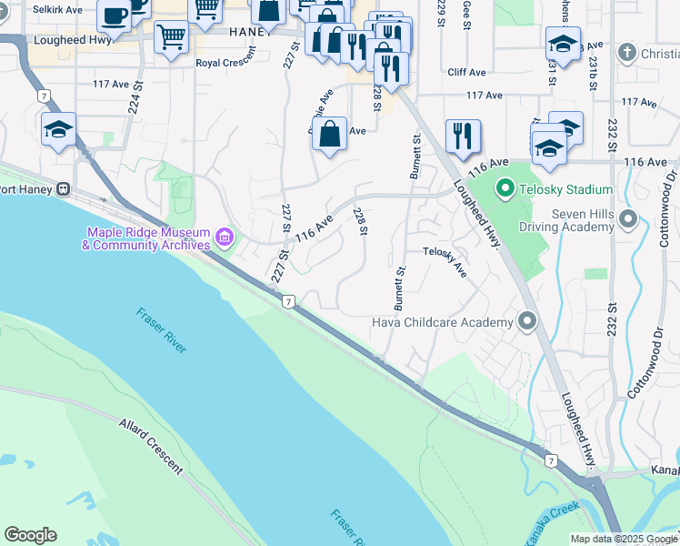 map of restaurants, bars, coffee shops, grocery stores, and more near 11455 228 Street in Maple Ridge