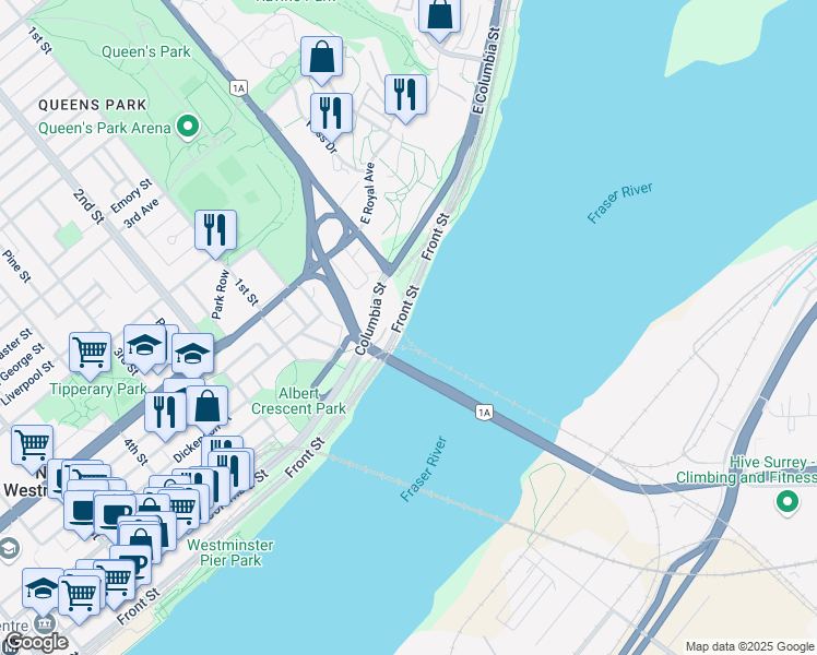 map of restaurants, bars, coffee shops, grocery stores, and more near Pattullo Bridge in Surrey