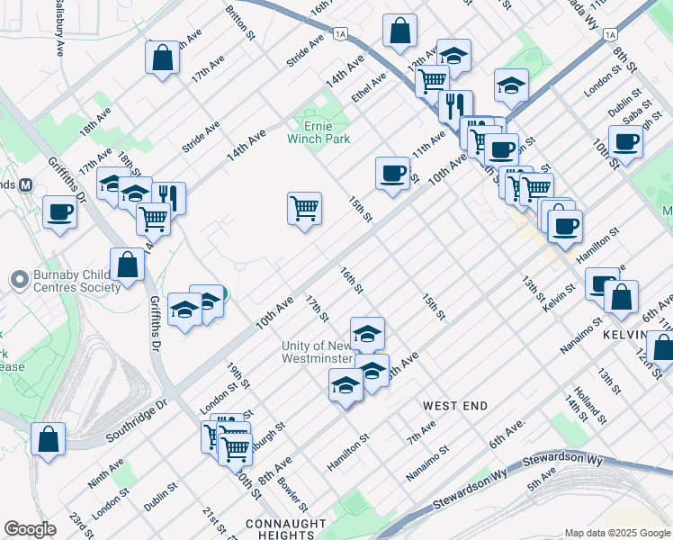 map of restaurants, bars, coffee shops, grocery stores, and more near 1602 10th Avenue in New Westminster