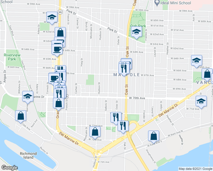 map of restaurants, bars, coffee shops, grocery stores, and more near 8455 Selkirk Street in Vancouver
