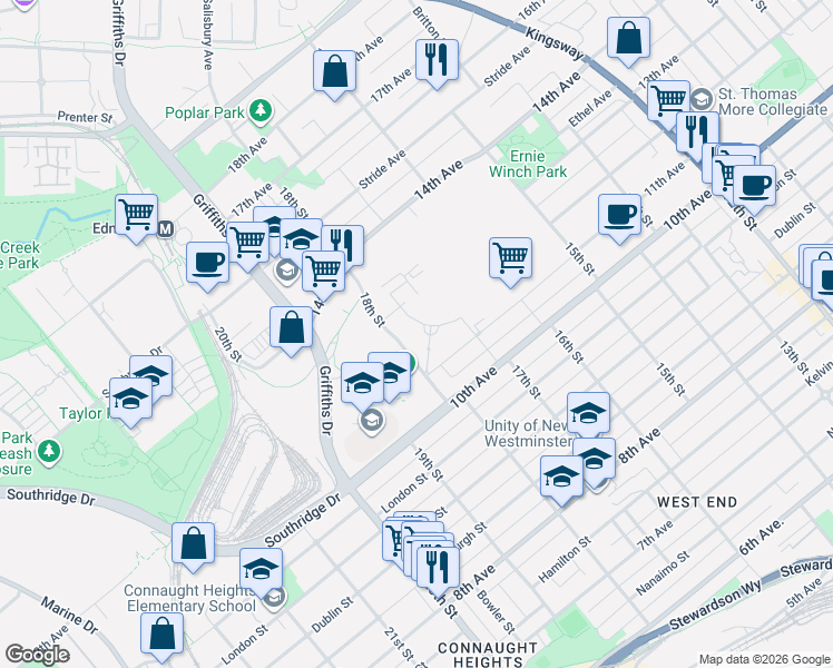 map of restaurants, bars, coffee shops, grocery stores, and more near 7683 Park Crescent in Burnaby