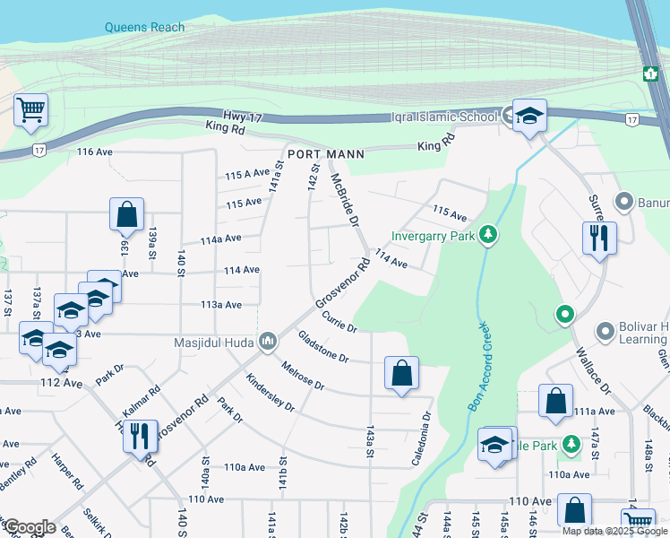map of restaurants, bars, coffee shops, grocery stores, and more near 14232 114 Avenue in Surrey