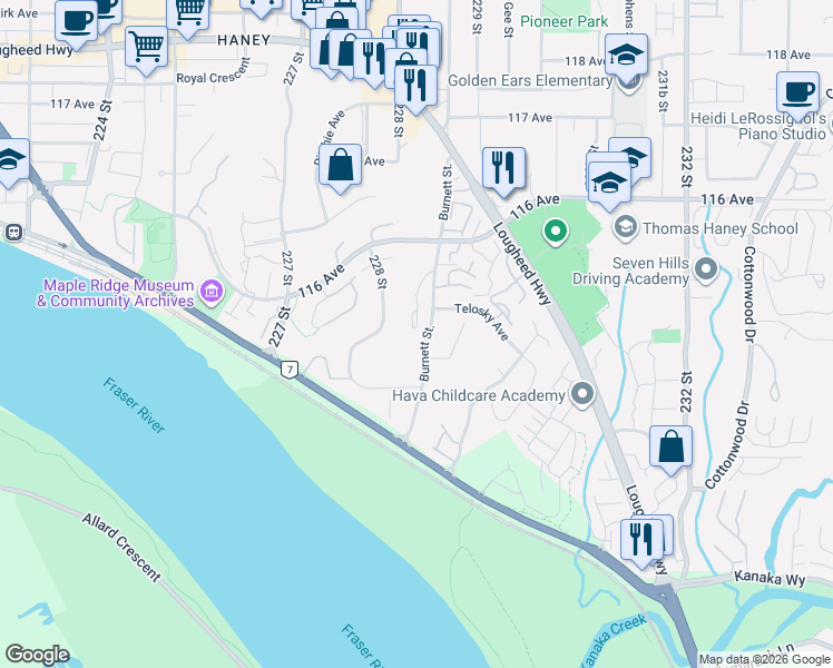 map of restaurants, bars, coffee shops, grocery stores, and more near 11464 Fisher Street in Maple Ridge