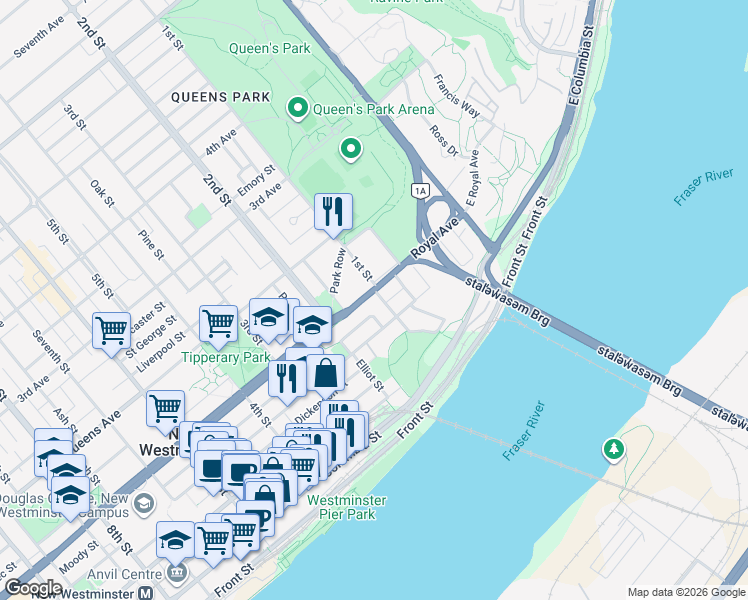 map of restaurants, bars, coffee shops, grocery stores, and more near 82 1st Street in New Westminster