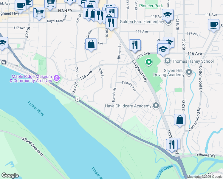 map of restaurants, bars, coffee shops, grocery stores, and more near 11384 Burnett Street in Maple Ridge