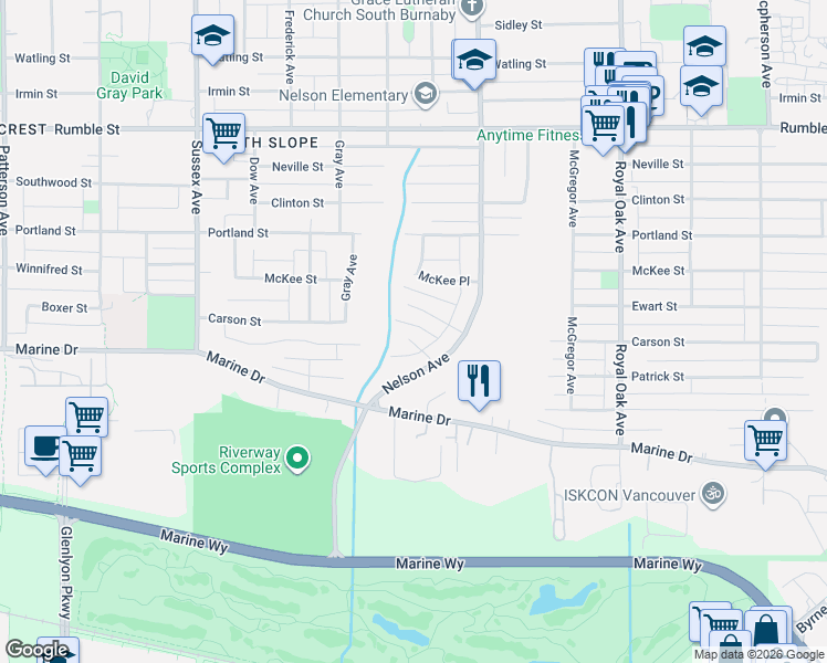 map of restaurants, bars, coffee shops, grocery stores, and more near 4837 Patrick Place in Burnaby