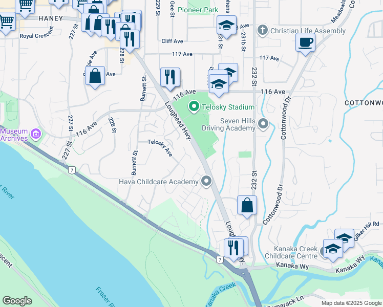 map of restaurants, bars, coffee shops, grocery stores, and more near 23023 Olund Crescent in Maple Ridge