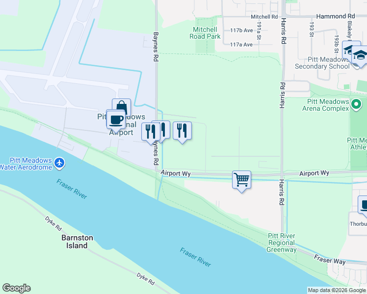 map of restaurants, bars, coffee shops, grocery stores, and more near 19055 Airport Way in Pitt Meadows