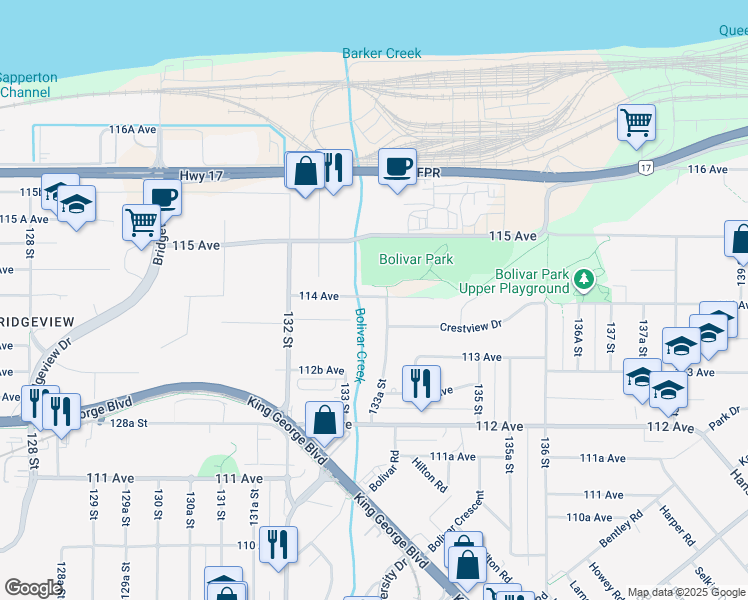 map of restaurants, bars, coffee shops, grocery stores, and more near 11375 133A Street in Surrey