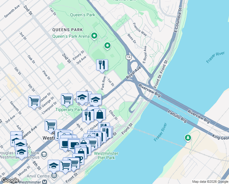 map of restaurants, bars, coffee shops, grocery stores, and more near in New Westminster