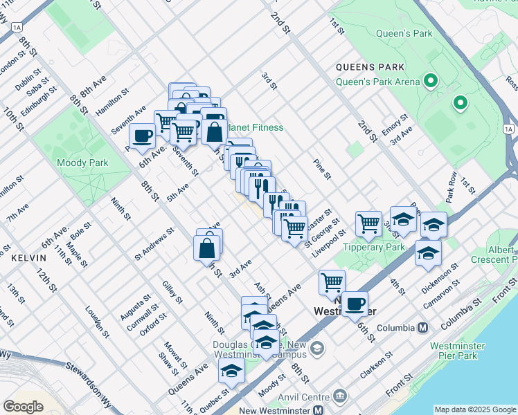 map of restaurants, bars, coffee shops, grocery stores, and more near 608 Blackford Street in New Westminster