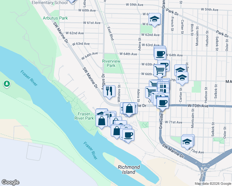 map of restaurants, bars, coffee shops, grocery stores, and more near in Vancouver