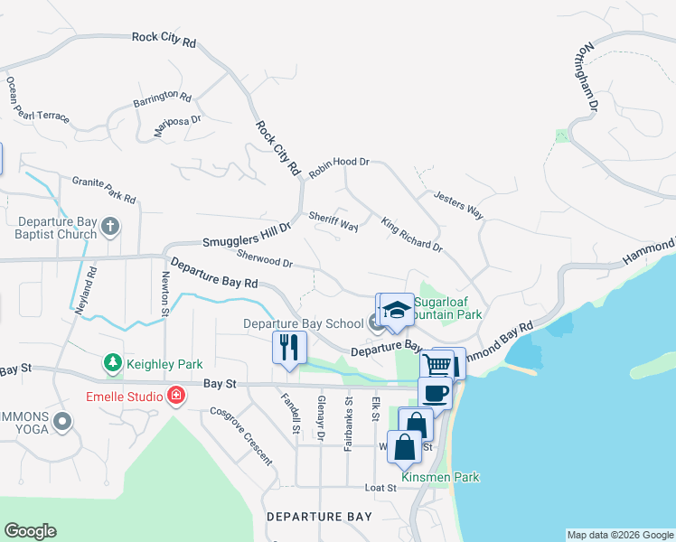 map of restaurants, bars, coffee shops, grocery stores, and more near 1589 Sherwood Drive in Nanaimo