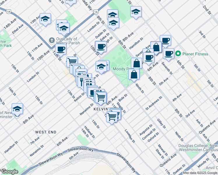 map of restaurants, bars, coffee shops, grocery stores, and more near 1027 Nanaimo Street in New Westminster
