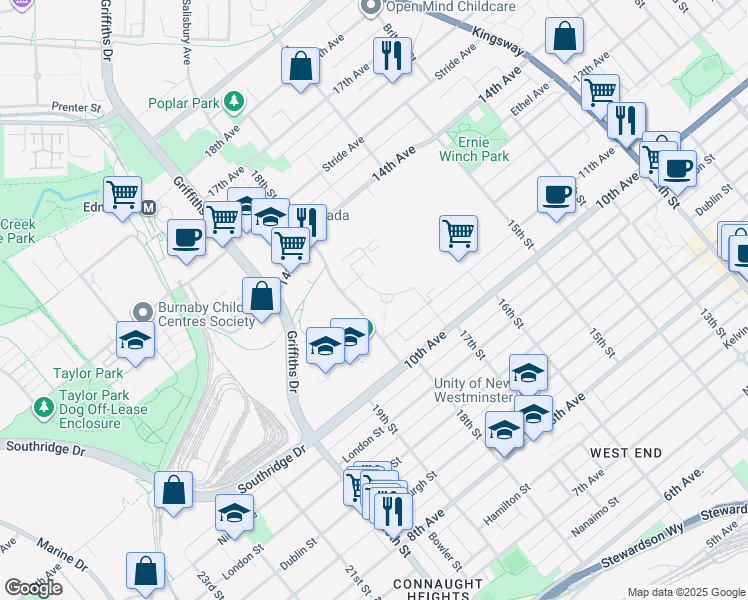 map of restaurants, bars, coffee shops, grocery stores, and more near 7683 Park Crescent in Burnaby