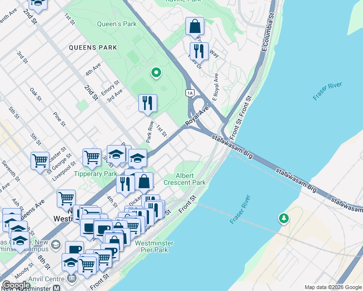 map of restaurants, bars, coffee shops, grocery stores, and more near 47 Agnes Street in New Westminster