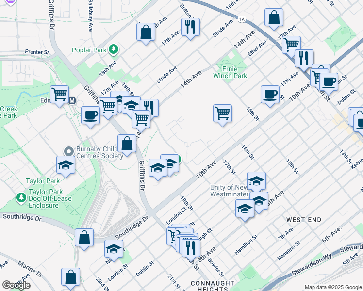 map of restaurants, bars, coffee shops, grocery stores, and more near 7683 Park Crescent in Burnaby